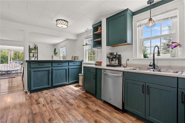 5801 E 56th St, Kansas City, MO 64129 - kitchen with stainless steel dishwasher, green cabinets, a sink, and plenty of natural light