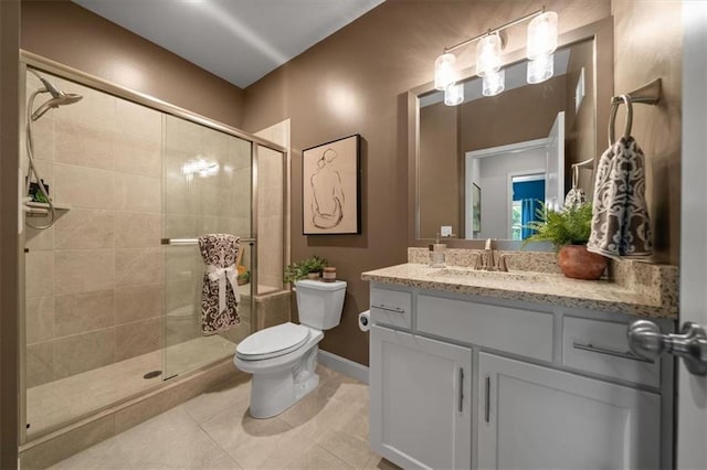 full bath featuring a shower stall, toilet, vanity, and tile patterned flooring