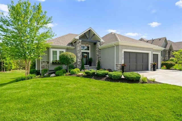 25749 W 96th Ter, Lenexa, KS 66227 - view of front of property with stone siding, a garage, stucco siding, a front yard, and driveway