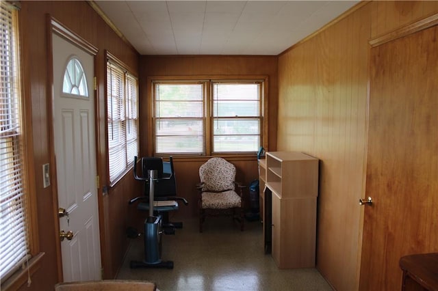 interior space featuring wooden walls