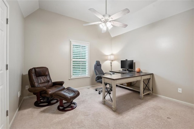 14910 Rhodes Cir, Lenexa, KS 66215 - carpeted home office with vaulted ceiling and ceiling fan