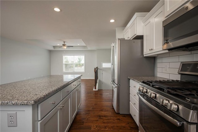 605 Carr St, Knob Noster, MO 65336 - kitchen with appliances with stainless steel finishes, dark wood-style flooring, recessed lighting, ceiling fan, and light stone countertops