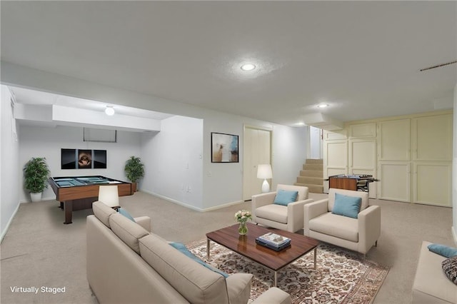 5707 W 101st Ter, Overland Park, KS 66207 - living room featuring light colored carpet, billiards table, baseboards, stairs, and recessed lighting