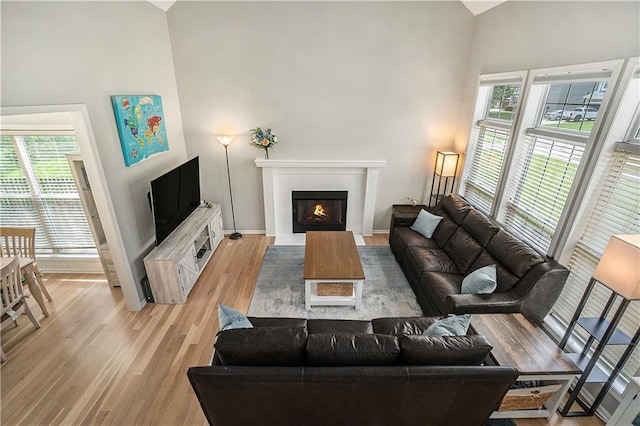 15951 S Avalon St, Olathe, KS 66062 - living area featuring high vaulted ceiling, light wood finished floors, baseboards, and a tiled fireplace