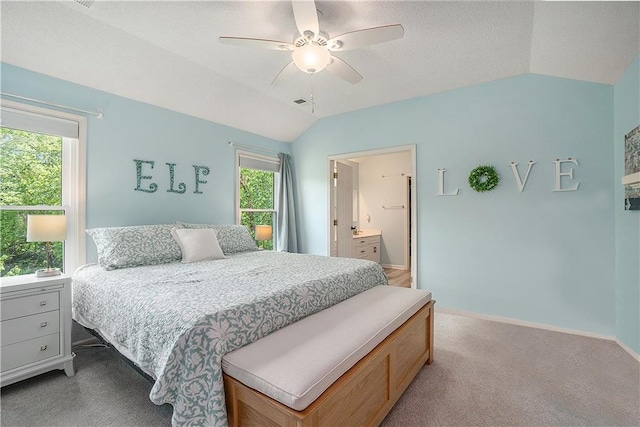 15951 S Avalon St, Olathe, KS 66062 - bedroom featuring lofted ceiling, light carpet, baseboards, ceiling fan, and ensuite bathroom