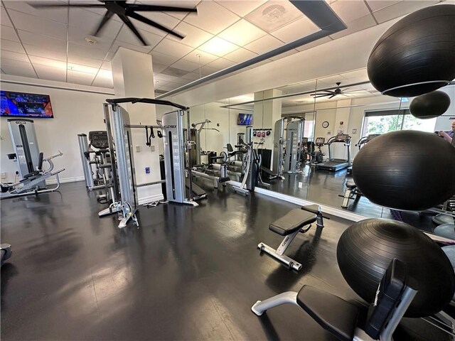 4950 Central St Unit 102, Kansas City, MO 64112 - exercise room with a ceiling fan and baseboards