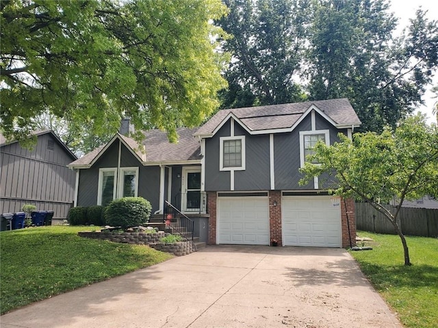 split level home featuring concrete driveway, brick siding, a garage, a chimney, and a shingled roof