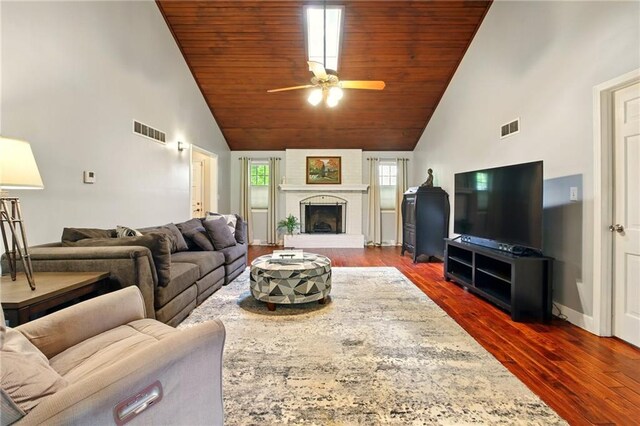 802 High Dr, Excelsior Springs, MO 64024 - living area with wooden ceiling, dark wood-style flooring, ceiling fan, baseboards, and high vaulted ceiling