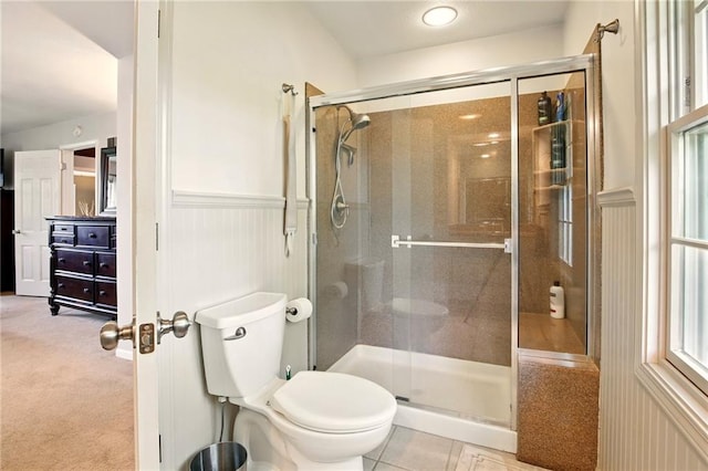 802 High Dr, Excelsior Springs, MO 64024 - full bath with a shower stall, toilet, and wainscoting