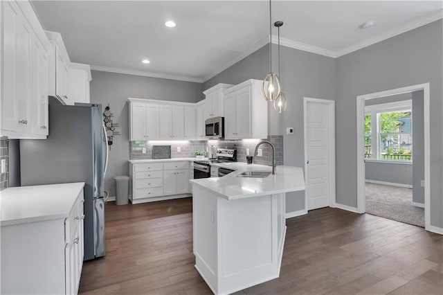 11961 S Tallgrass Dr Unit 403, Olathe, KS 66061 - kitchen with stainless steel appliances, a sink, a peninsula, ornamental molding, and tasteful backsplash
