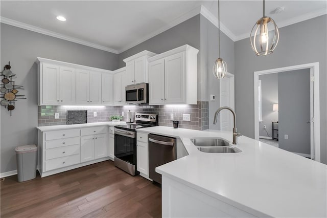 11961 S Tallgrass Dr Unit 403, Olathe, KS 66061 - kitchen with stainless steel appliances, a sink, dark wood finished floors, ornamental molding, and light countertops