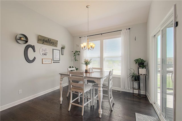 11021 N Oxford Ave, Kansas City, MO 64157 - dining room with vaulted ceiling, baseboards, healthy amount of natural light, a chandelier, and dark wood finished floors