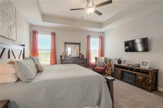 11021 N Oxford Ave, Kansas City, MO 64157 - bedroom featuring carpet floors, a tray ceiling, and ceiling fan