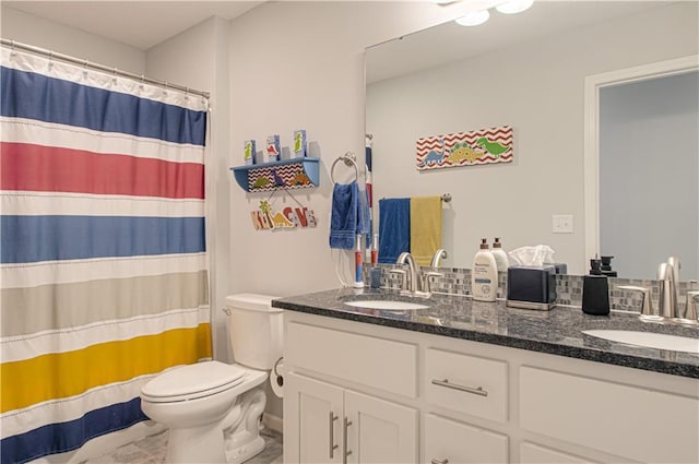 11021 N Oxford Ave, Kansas City, MO 64157 - full bathroom with toilet, double vanity, a shower with curtain, and marble finish flooring