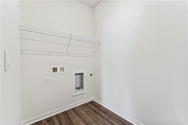 washroom with electric dryer hookup, dark wood-style flooring, baseboards, and washer hookup