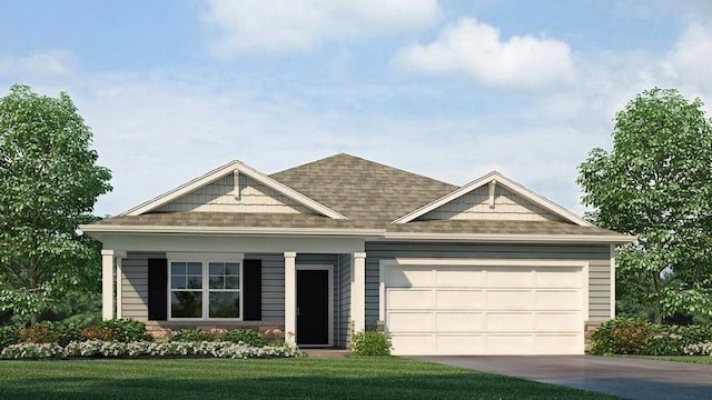 craftsman house featuring driveway, an attached garage, roof with shingles, and a front lawn