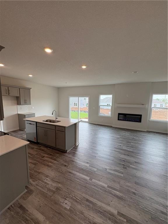 kitchen featuring a sink, dishwasher, dark wood-style floors, gray cabinetry, and a center island with sink