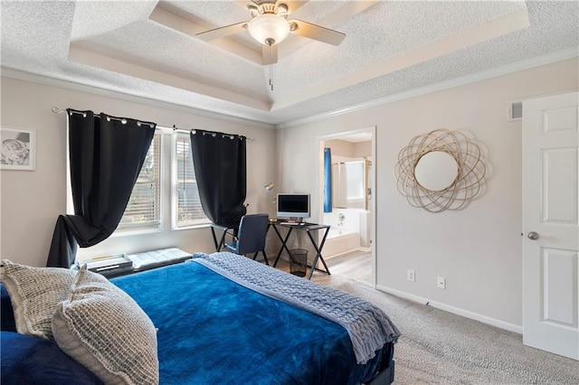 7703 NE 74th Ter, Kansas City, MO 64158 - bedroom with a textured ceiling, carpet, a raised ceiling, ornamental molding, and ceiling fan