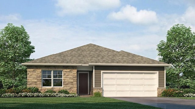 view of front of house featuring roof with shingles, stone siding, driveway, a garage, and a front yard