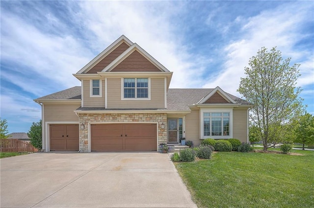 10111 N Tullis Dr, Kansas City, MO 64157 - craftsman inspired home with driveway, a garage, and stone siding