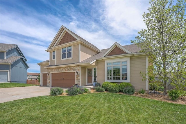 10111 N Tullis Dr, Kansas City, MO 64157 - craftsman-style home with driveway, an attached garage, and stone siding