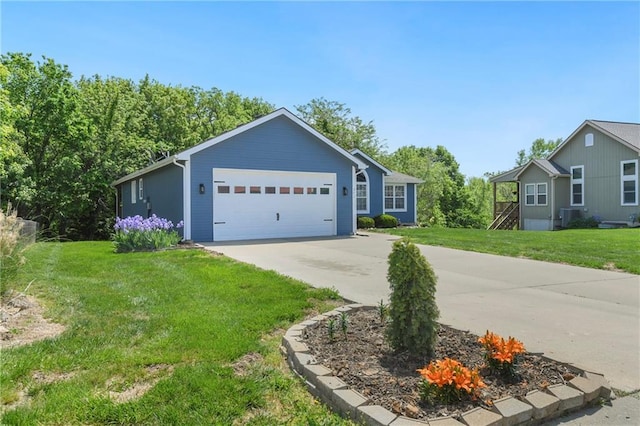 ranch-style house with driveway, a front lawn, a garage, and central AC unit