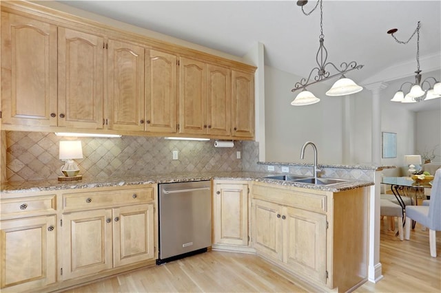 kitchen featuring a sink, stainless steel dishwasher, light brown cabinets, and light wood-type flooring