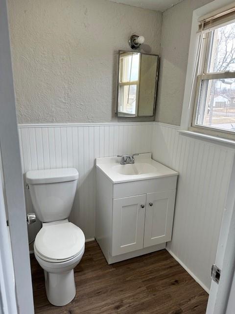 bathroom featuring wainscoting, toilet, wood finished floors, and vanity