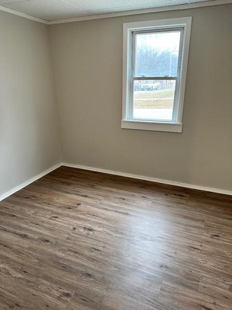 unfurnished room with dark wood-type flooring, crown molding, and baseboards