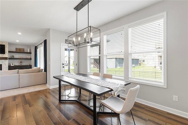16780 W 170th Ct, Olathe, KS 66062 - dining room featuring baseboards, a chandelier, healthy amount of natural light, dark wood-type flooring, and recessed lighting
