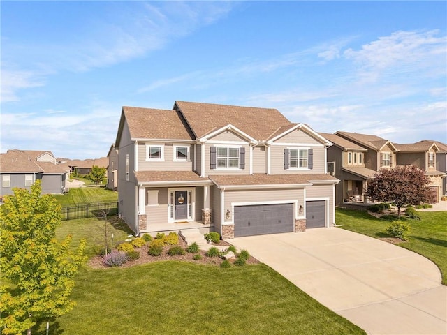 16780 W 170th Ct, Olathe, KS 66062 - view of front of house featuring a garage, covered porch, driveway, a residential view, and stone siding