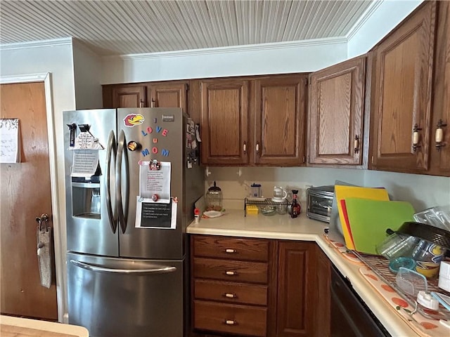 12100 Hedge Lane Ter, Olathe, KS 66061 - kitchen with stainless steel fridge, ornamental molding, light countertops, brown cabinets, and dishwashing machine