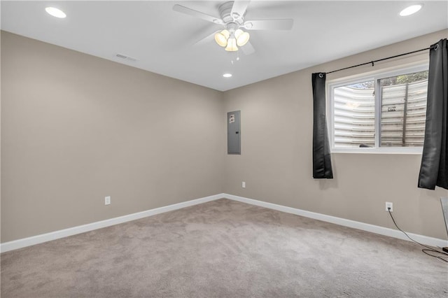 21923 W 116th Pl, Olathe, KS 66061 - unfurnished room with carpet floors, electric panel, baseboards, recessed lighting, and a ceiling fan