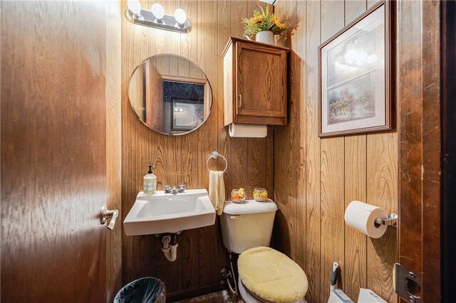 603 W 30th St, Higginsville, MO 64037 - bathroom with toilet, wood walls, and a sink