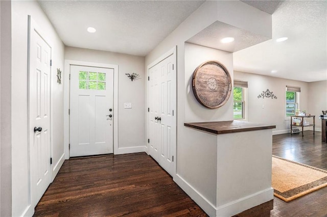 entrance foyer with dark wood finished floors, plenty of natural light, recessed lighting, baseboards, and a textured ceiling