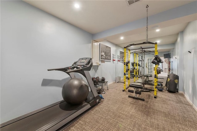 8129 Clearwater Pt, Parkville, MO 64152 - gym featuring recessed lighting and carpet flooring