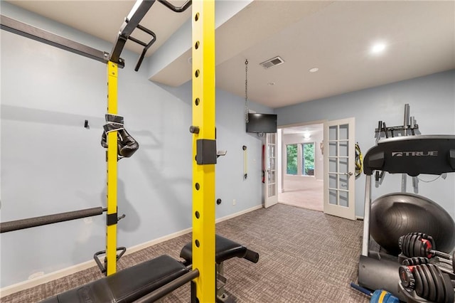 8129 Clearwater Pt, Parkville, MO 64152 - exercise area featuring french doors, carpet flooring, and recessed lighting