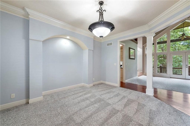 8129 Clearwater Pt, Parkville, MO 64152 - empty room featuring carpet flooring, ornamental molding, decorative columns, and french doors