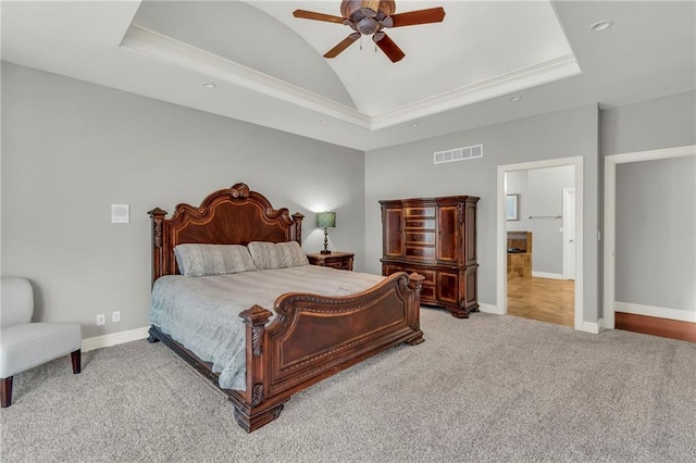 8129 Clearwater Pt, Parkville, MO 64152 - bedroom with carpet, lofted ceiling, a tray ceiling, a ceiling fan, and recessed lighting