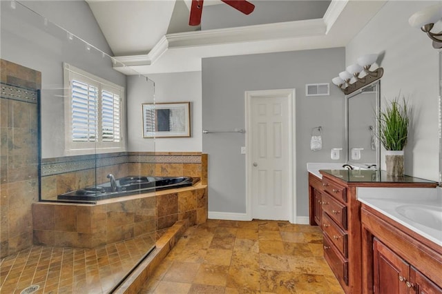 8129 Clearwater Pt, Parkville, MO 64152 - bathroom featuring a garden tub, tiled shower, vanity, ornamental molding, and a ceiling fan