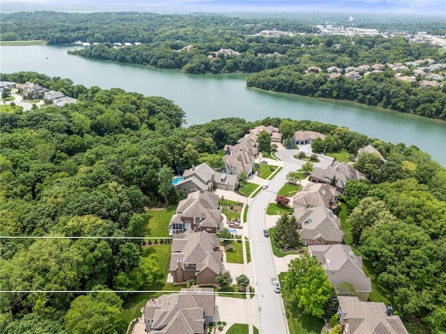 8129 Clearwater Pt, Parkville, MO 64152 - aerial perspective of suburban area with a nearby body of water and property boundaries highlighted