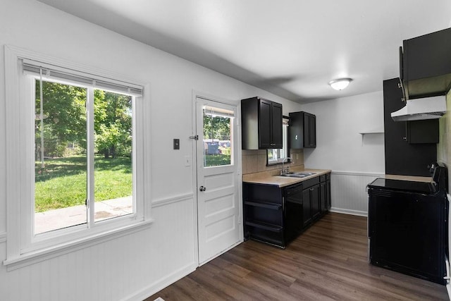 2729 S 52nd St, Kansas City, KS 66106 - kitchen featuring black appliances, a wainscoted wall, dark cabinetry, light countertops, and a sink