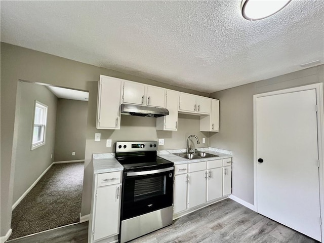 8416 Greenwood Rd, Raytown, MO 64138 - kitchen with stainless steel range with electric stovetop, a sink, under cabinet range hood, light countertops, and white cabinets