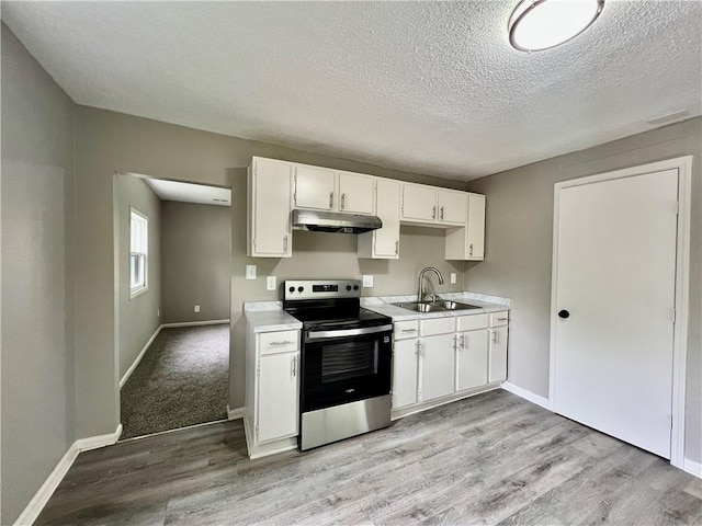 8416 Greenwood Rd, Raytown, MO 64138 - kitchen with stainless steel electric range, a sink, under cabinet range hood, light wood finished floors, and light countertops