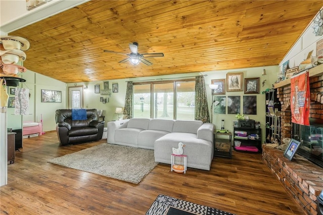 13813 Petty Rd, Kearney, MO 64060 - living room featuring a ceiling fan, wood ceiling, wood finished floors, vaulted ceiling, and a brick fireplace