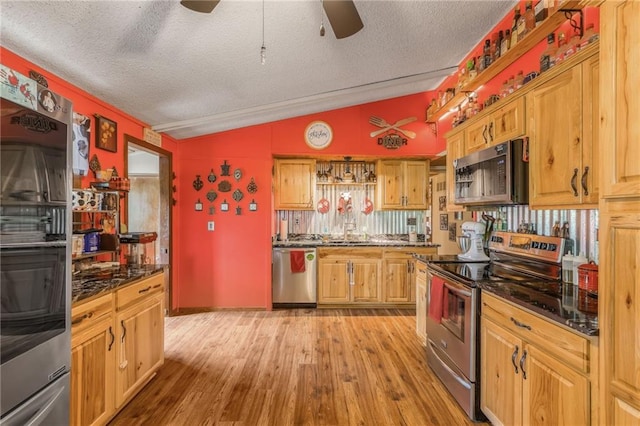 13813 Petty Rd, Kearney, MO 64060 - kitchen with stainless steel appliances, lofted ceiling, a ceiling fan, a textured ceiling, and a sink