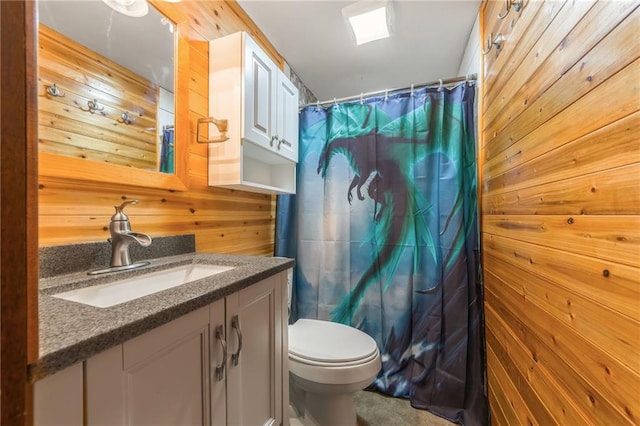13813 Petty Rd, Kearney, MO 64060 - bathroom with wooden walls, toilet, vanity, and curtained shower