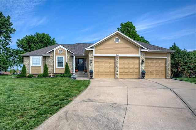 748 SW Windsong Cir, Lees Summit, MO 64082 - ranch-style house with an attached garage, driveway, a front yard, and stone siding