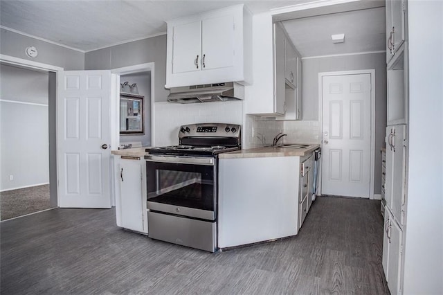 110 S Park Ave, Independence, MO 64050 - kitchen featuring stainless steel appliances, under cabinet range hood, light countertops, white cabinetry, and dark wood-style flooring