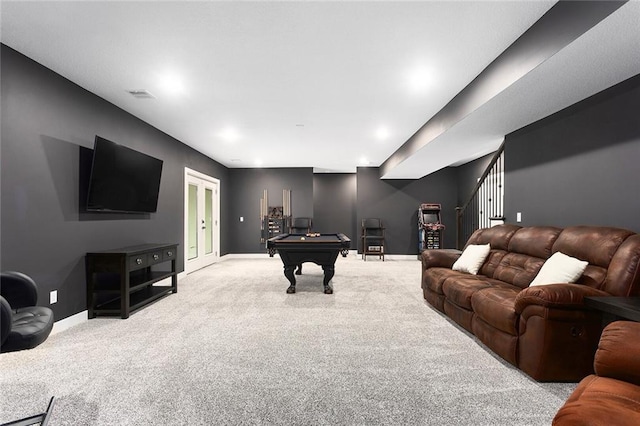 28897 Hackberry Cir, Paola, KS 66071 - playroom featuring carpet floors, billiards, baseboards, and french doors